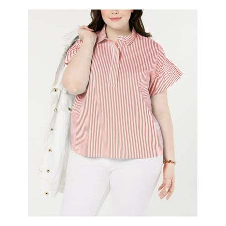 TOMMY HILFIGER Womens Coral Striped Short Sleeve Button Up Top Plus Size: 1X