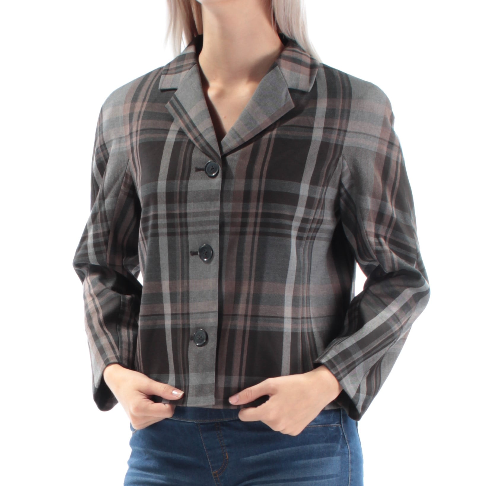 TOMMY HILFIGER Womens Gray Plaid Wear To Work Button Down Jacket 2