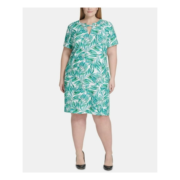 TOMMY HILFIGER Womens Green Printed Short Sleeve Keyhole Knee Length Shift Dress Plus 16W