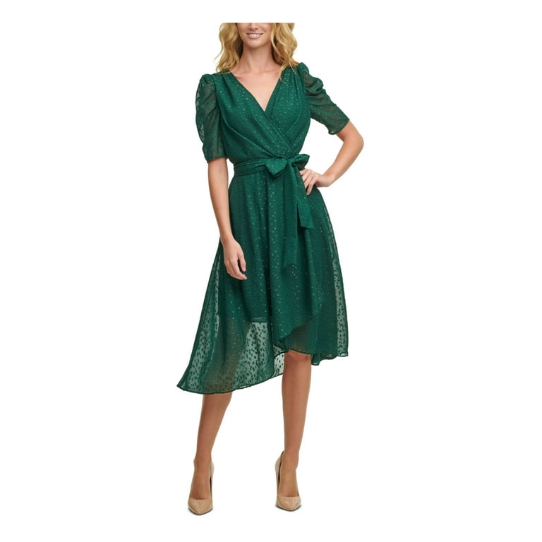 TOMMY HILFIGER Womens Green Sheer Zippered Glitter-dot Pouf Sleeve Surplice  Neckline Midi Evening Faux Wrap Dress 2 | Blusenkleider