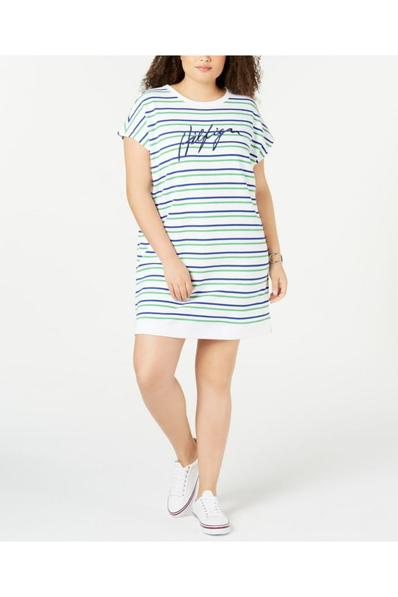 Womens Green Striped Short Sleeve Crew Neck Above The Knee Shift Dress Plus 2X