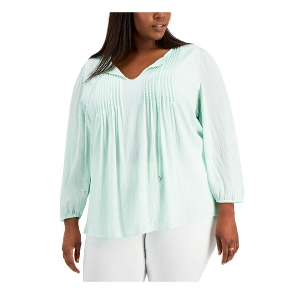 TOMMY HILFIGER Womens Green Tie Pintucked Front Lined Long Sleeve Split Wear To Work Top Plus 0X