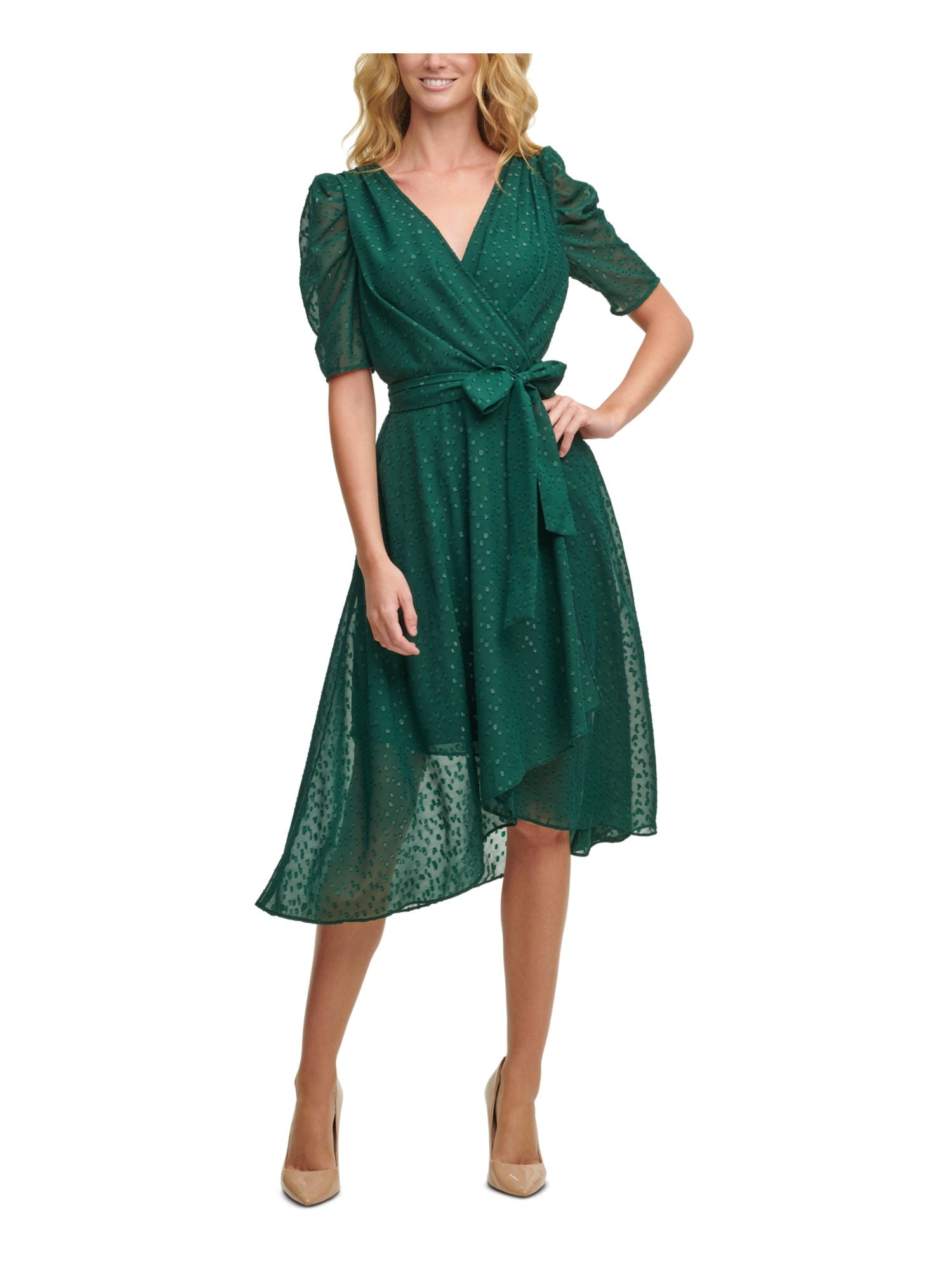 TOMMY HILFIGER Womens Green Sheer Zippered Glitter-dot Pouf Sleeve Surplice  Neckline Midi Evening Faux Wrap Dress 2