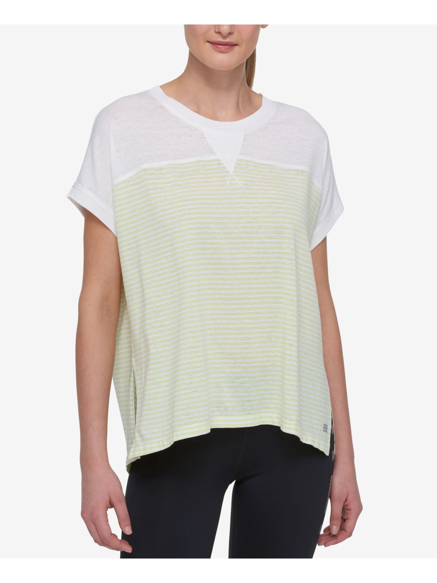 TOMMY HILFIGER Womens Green White Striped Slitted Top M