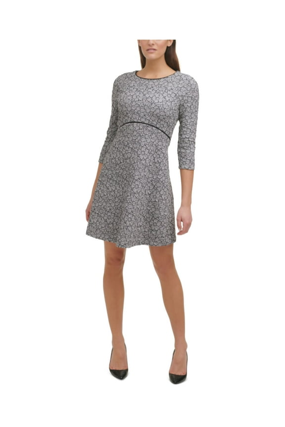 Womens Ivory Knit Zippered Textured Contrast Piping Trim Unlined Floral 3/4 Sleeve Round Neck Above The Knee Wear To Work Fit + Flare Dress 2