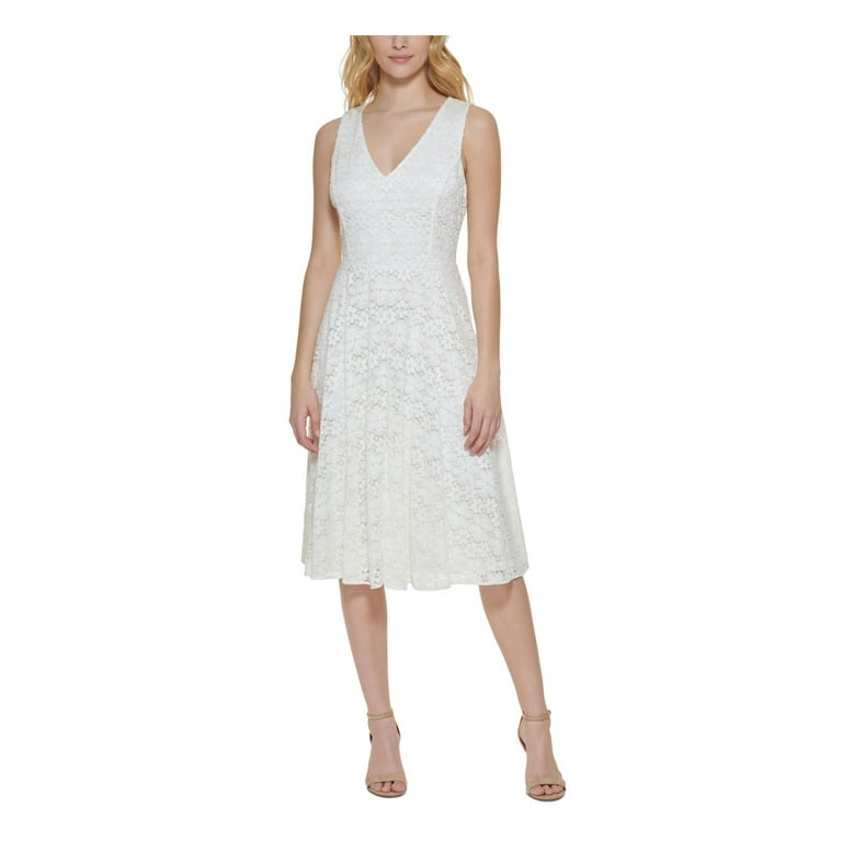 TOMMY HILFIGER Womens Ivory Lace Zippered Lined Floral Sleeveless V Neck Below The Knee Fit Flare Dress 12