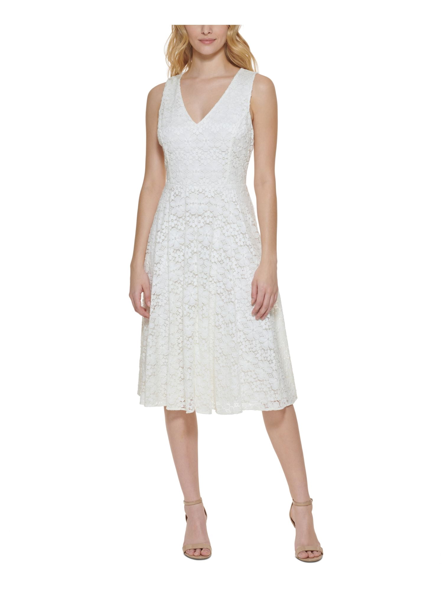 TOMMY HILFIGER Womens Ivory Lace Zippered Lined Floral Sleeveless V Neck  Below The Knee Fit + Flare Dress 8 - Walmart.com
