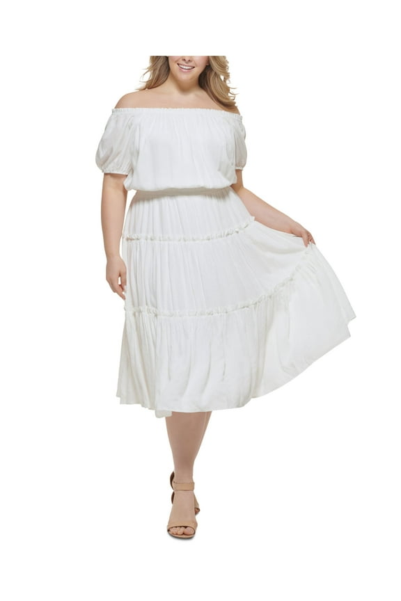 Womens Ivory Lined Smocked Pullover Ruffled Short Sleeve Off Shoulder Below The Knee Fit + Flare Dress Plus 14W