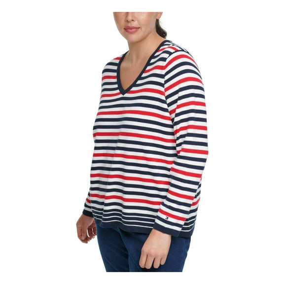 TOMMY HILFIGER Womens Ivory Striped Long Sleeve V Neck Sweater Plus Size: 1X