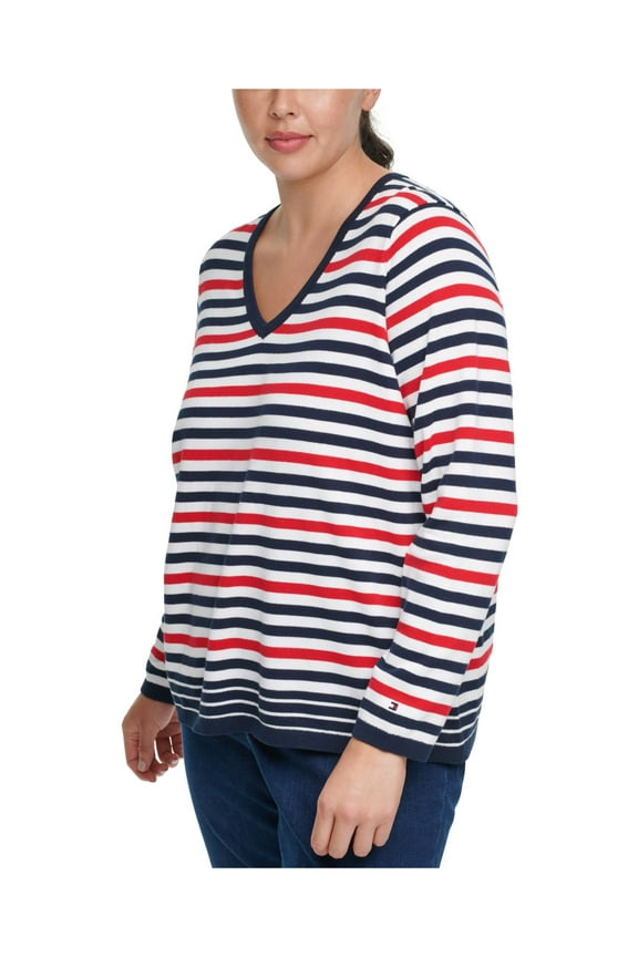 Womens Ivory Striped Long Sleeve V Neck Sweater Plus Size: 1X