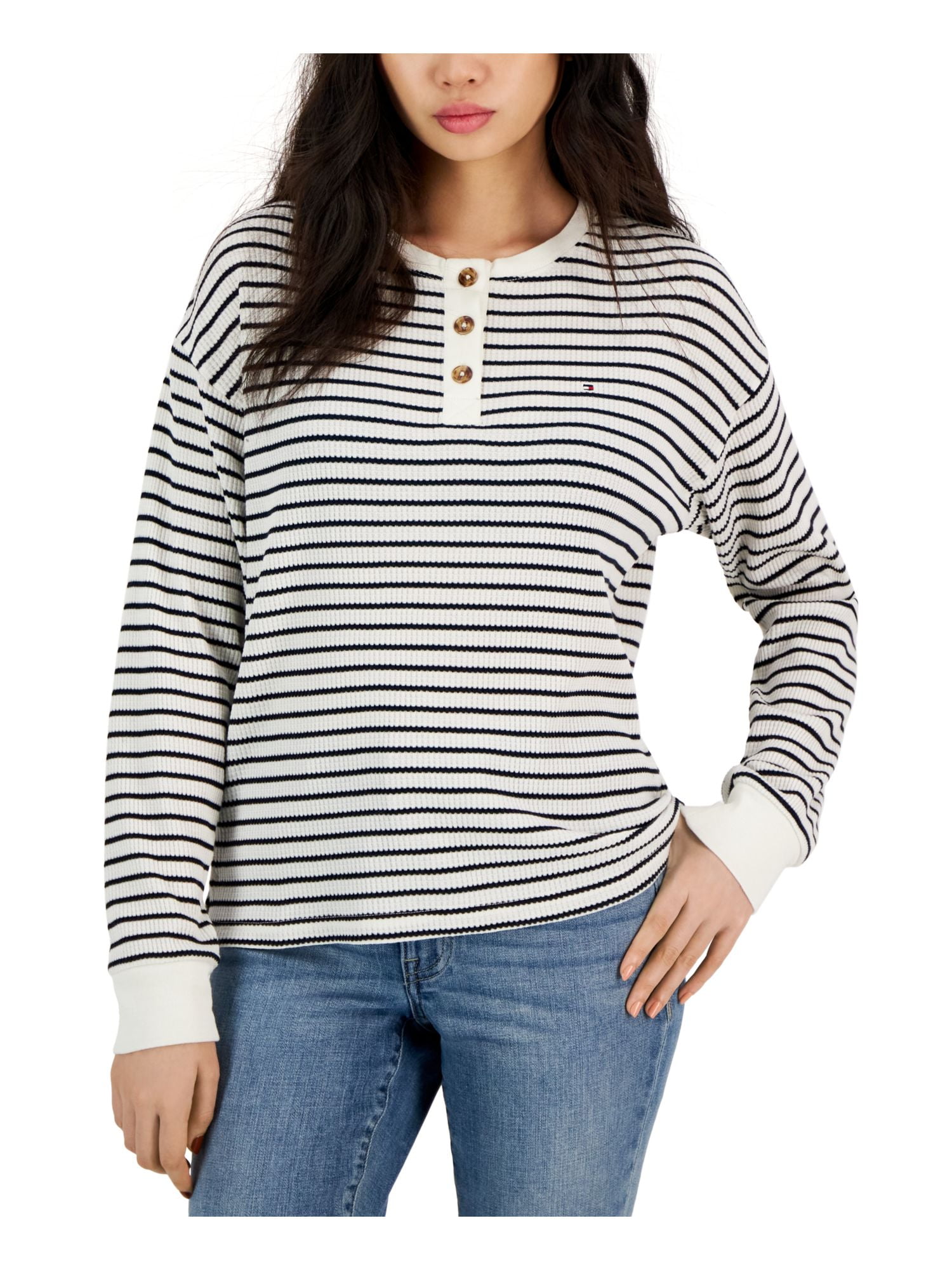 TOMMY HILFIGER Womens Ivory Textured Henley Boxy Fit Contrast Trim Striped  Long Sleeve Round Neck Top S