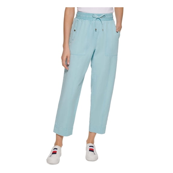 TOMMY HILFIGER Womens Light Blue Pocketed Drawstring Logo Snaps Cropped Pants M
