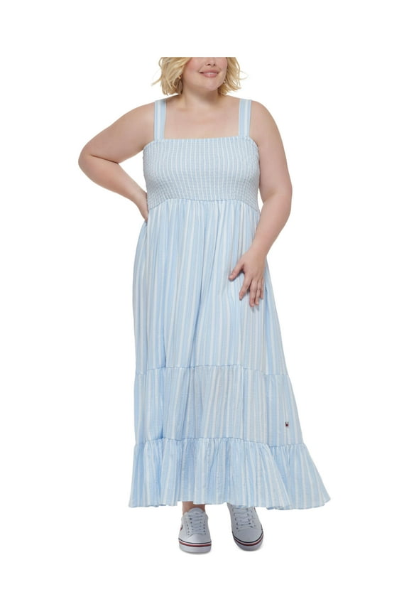 Womens Light Blue Smocked Lined Tiered Pullover Striped Sleeveless Square Neck Maxi Fit + Flare Dress Plus 2X