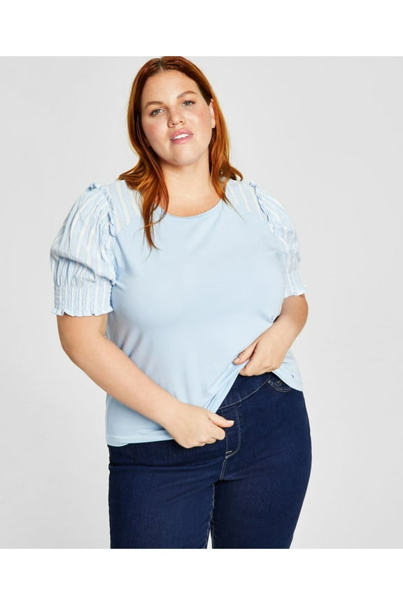 Womens Light Blue Smocked Short Sleeve Crew Neck Top Plus 1X