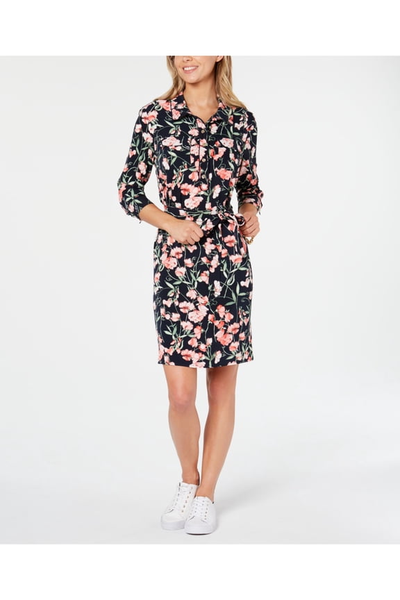 Womens Navy Belted Floral 3/4 Sleeve Collared Knee Length Evening Shirt Dress 6
