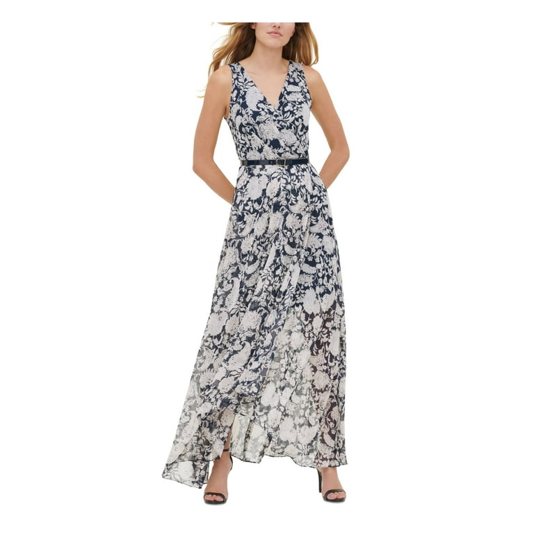 Navy Belted Dress Sleeveless Womens Evening HILFIGER Neckline TOMMY Floral Lined Zippered Maxi 6 Surplice