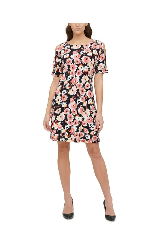 Womens Navy Cold Shoulder Grommet Floral Short Sleeve Boat Neck Short Party Fit + Flare Dress Petites 2P