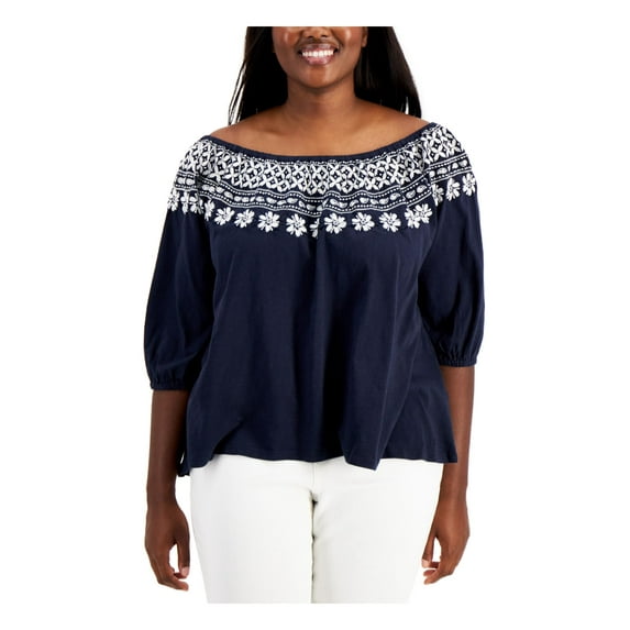TOMMY HILFIGER Womens Navy Cotton Embroidered Elastic Floral Elbow Sleeve Off Shoulder Wear To Work Top Plus 0X