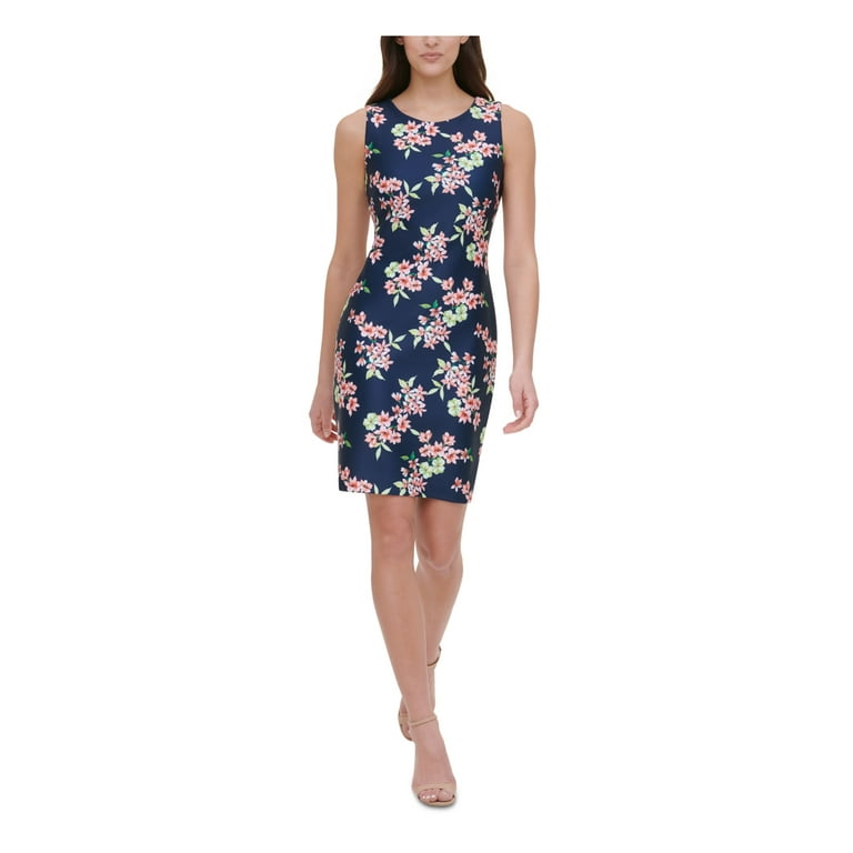 TOMMY HILFIGER Womens Navy Floral Sleeveless Jewel Neck Above The Knee Fit Flare Dress 2