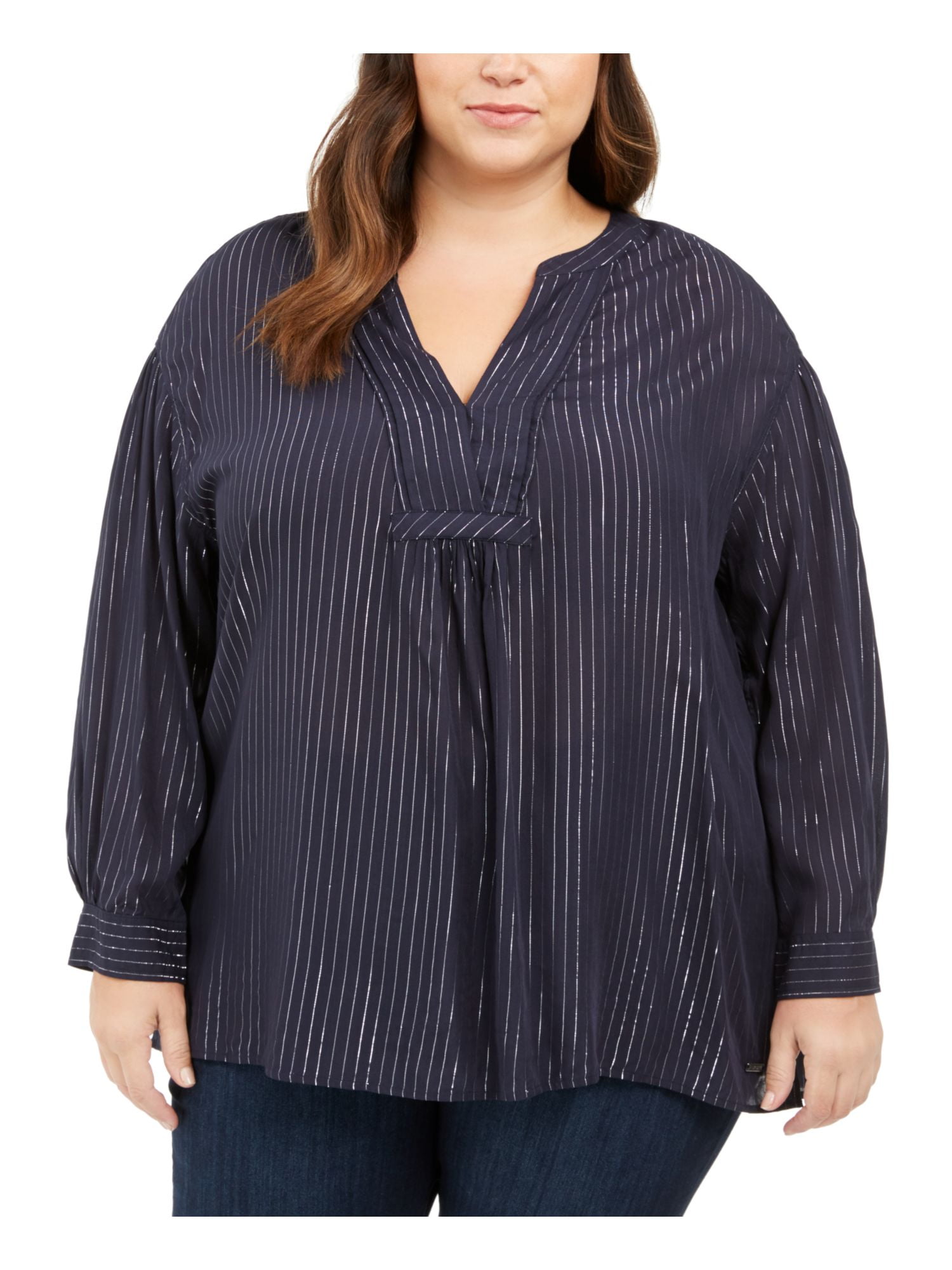 Womens Navy Pinstripe Long Sleeve V Neck Tunic Top Plus Size: 3X