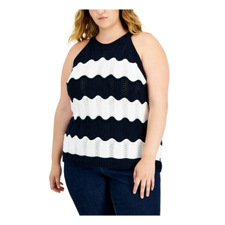 TOMMY HILFIGER Womens Navy Ribbed Scalloped Pullover Sheer Unlined Striped Sleeveless Crew Neck Tank Sweater Plus 1X