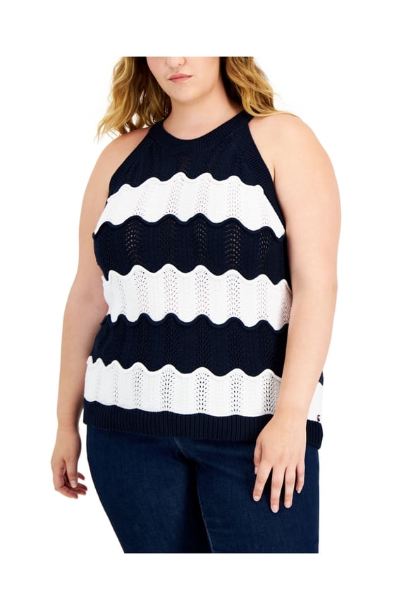 Womens Navy Ribbed Scalloped Pullover Sheer Unlined Striped Sleeveless Crew Neck Tank Sweater Plus 1X
