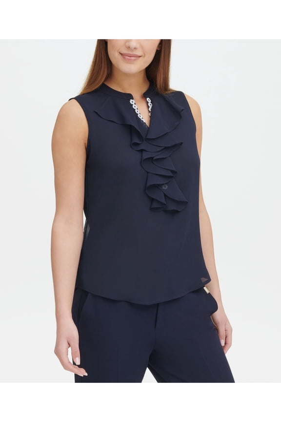 Womens Navy Ruffled Sleeveless V Neck Top Size: M