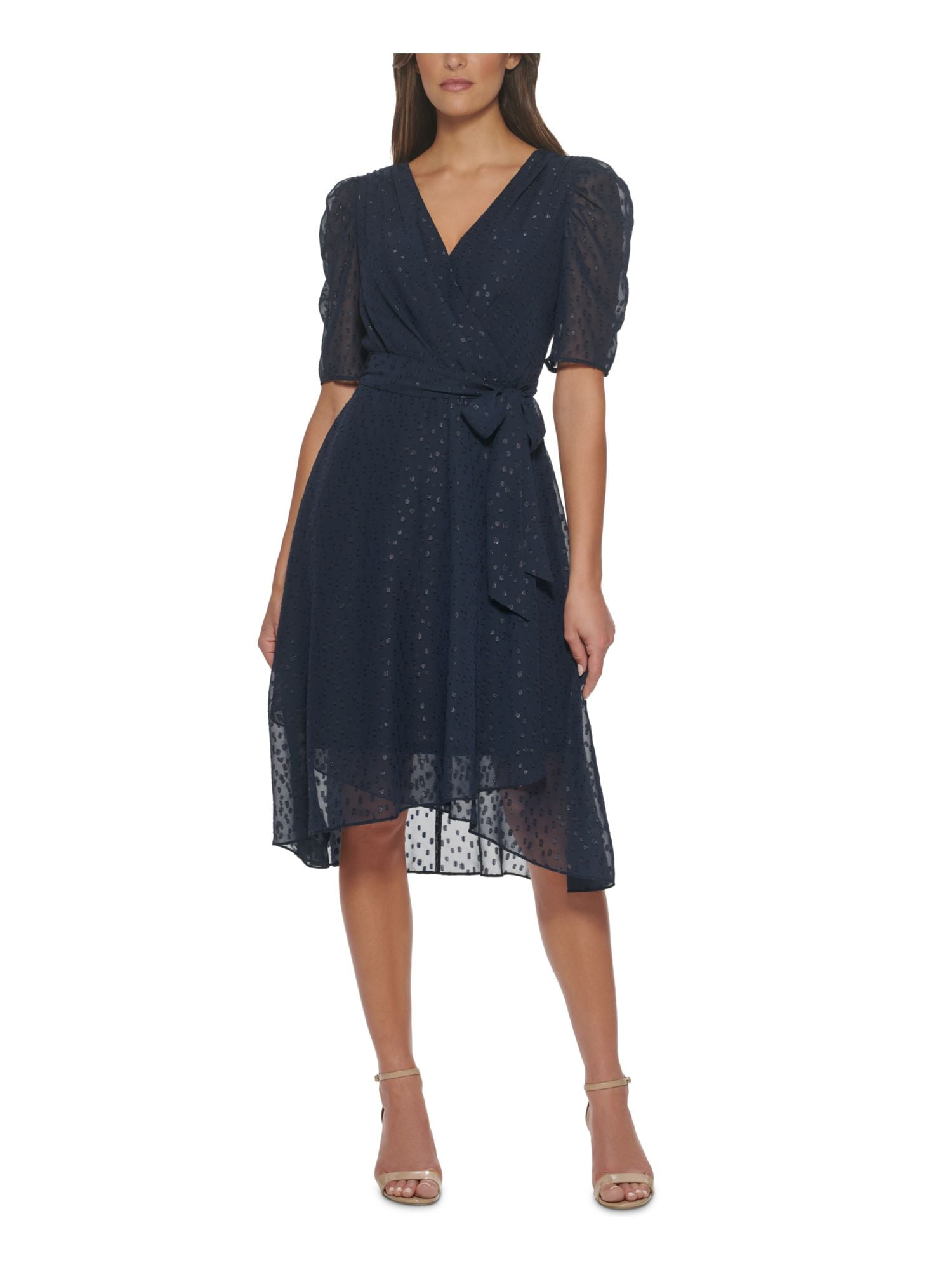 Tommy Hilfiger Women's Shirred Sleeve Surplice Dress Blue Size 10Petite