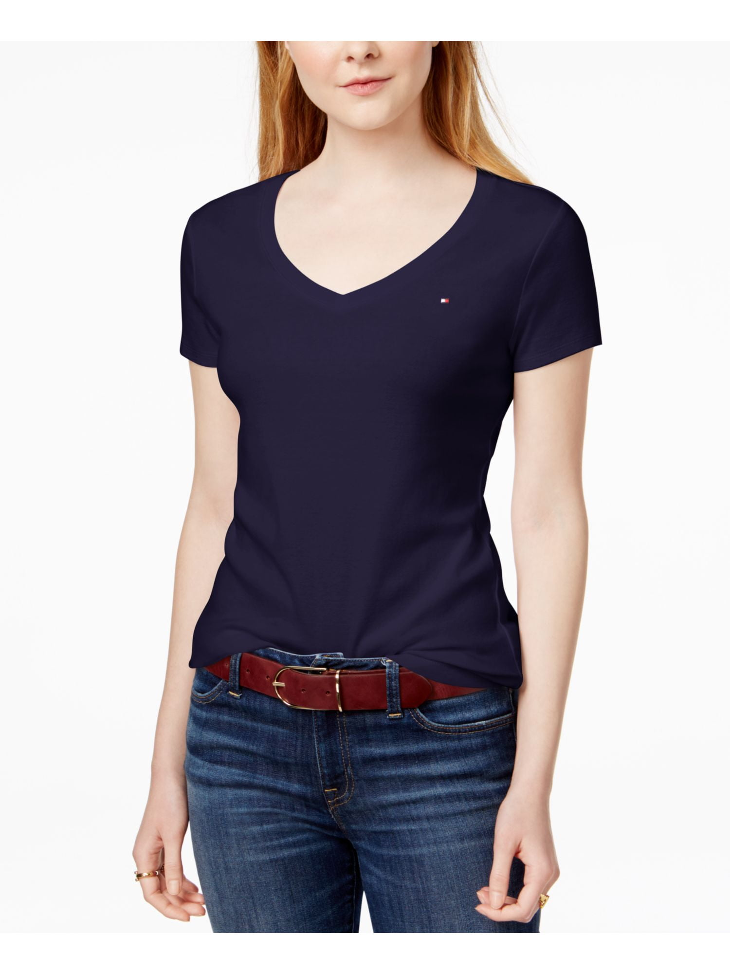 TOMMY HILFIGER Womens Navy Short Sleeve V Neck T-Shirt Size: - Walmart.com