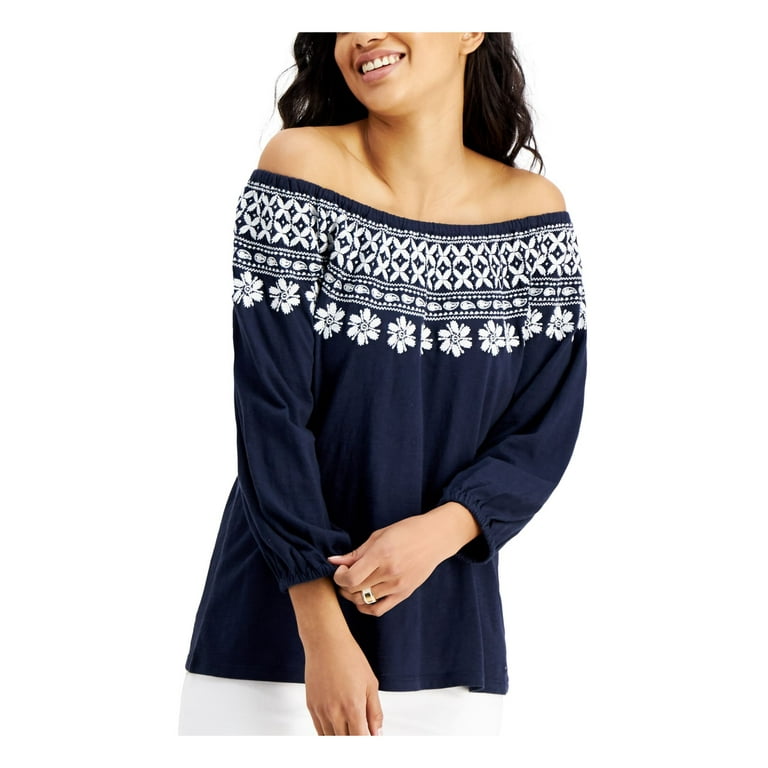 TOMMY HILFIGER Womens Navy Stretch Embroidered Elastic Neckline