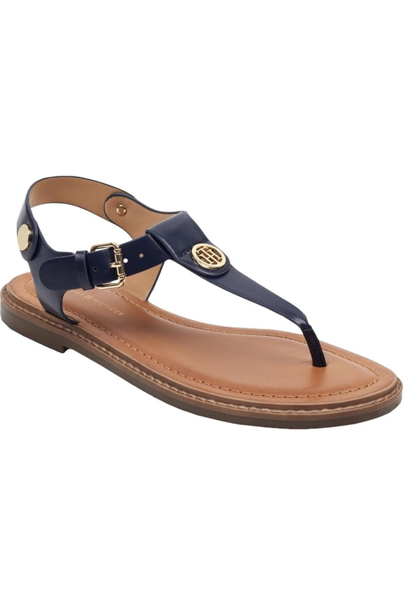 Womens Navy Studded Metallic Monogrammed Logo Adjustable Strap Ankle Strap Bennia Round Toe Block Heel Buckle Thong Sandals 9 M