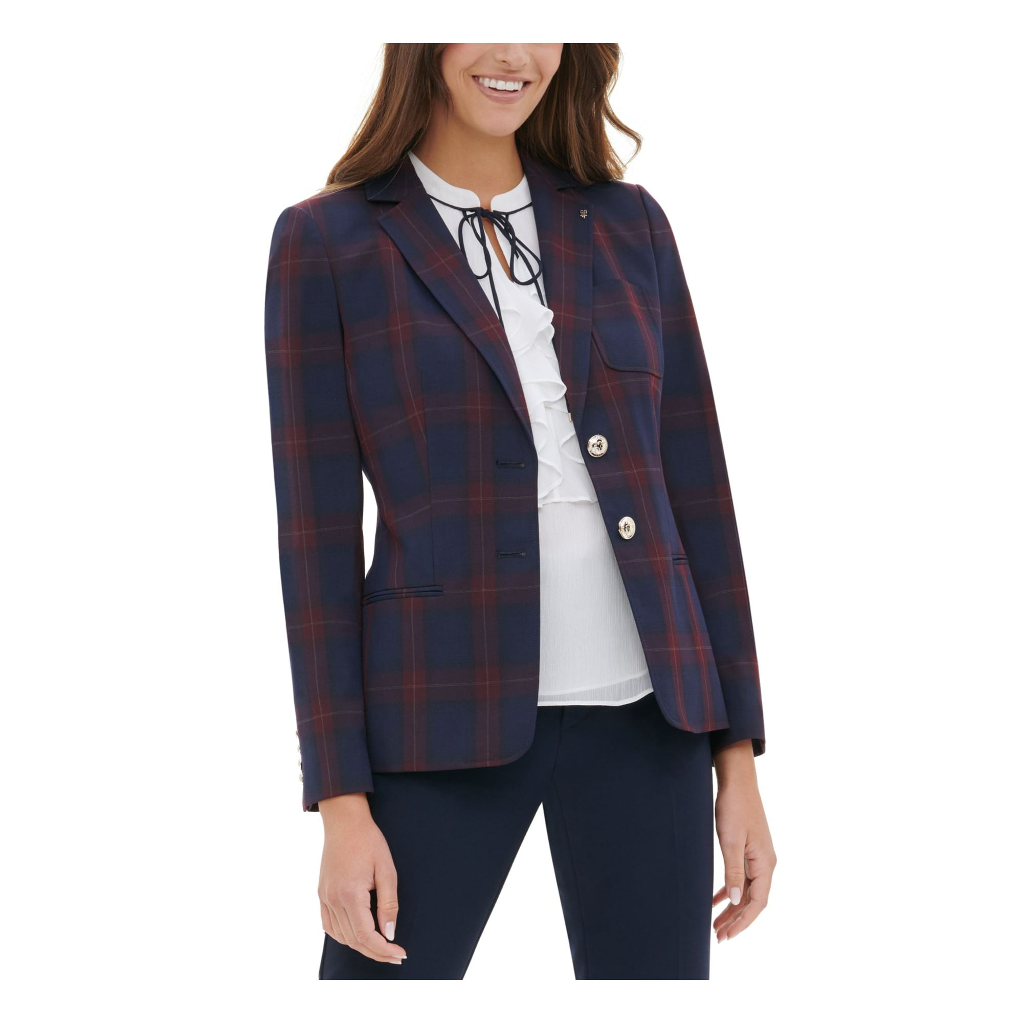 Womens Navy Tie Embellished Buttoned Plaid Blazer Jacket Size: 8 - Walmart.com