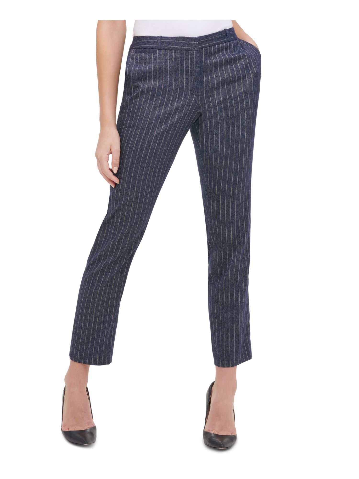 TOMMY HILFIGER Womens Navy Zippered Ankle Pinstripe Wear To Work Straight leg Pants 8 - image 1 of 2