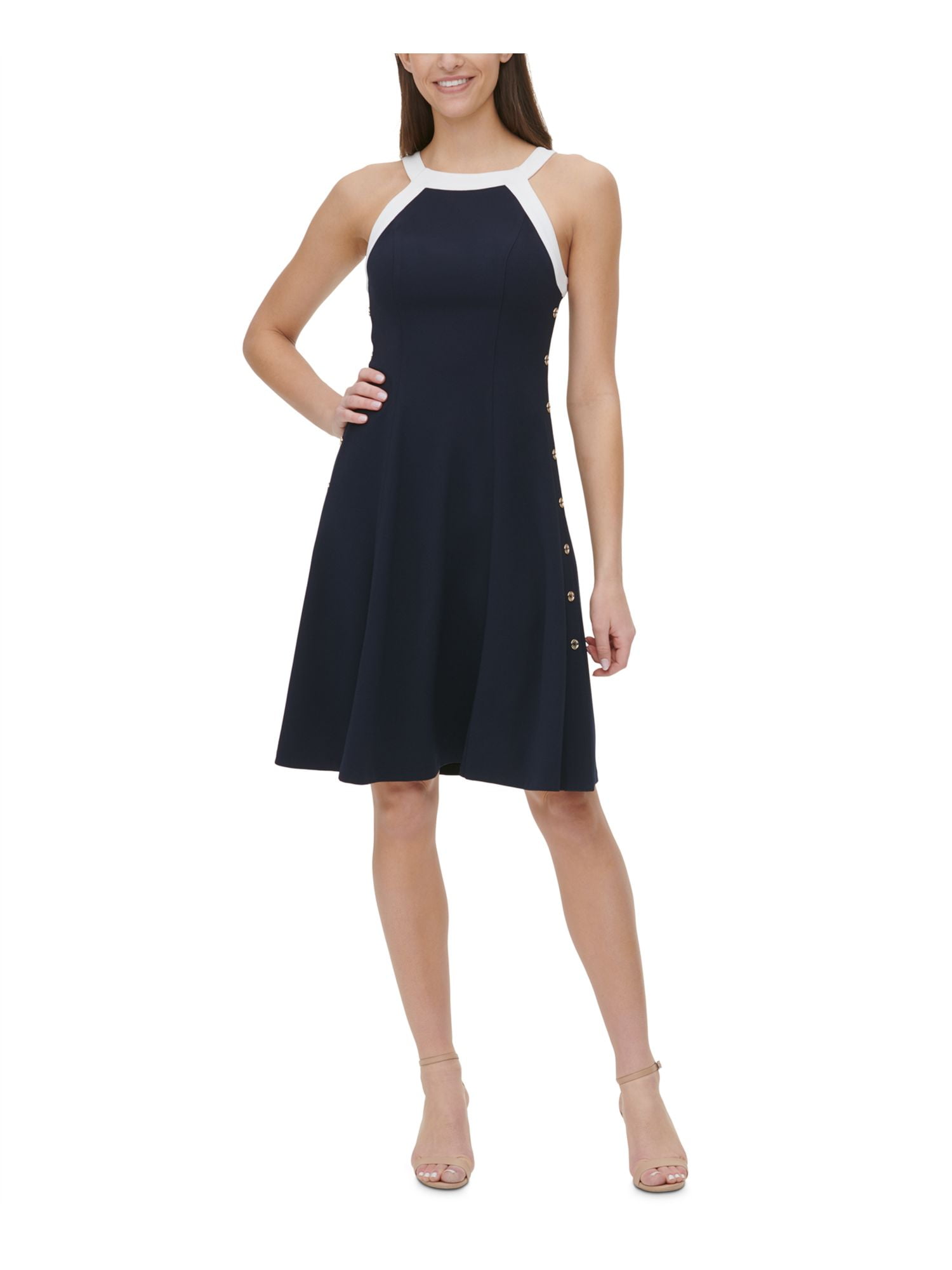 TOMMY HILFIGER Womens Navy Zippered Button Detail Color Block Sleeveless Halter Knee Length Party + Flare Dress 12 -