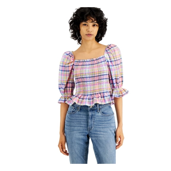 TOMMY HILFIGER Womens Orange Smocked Ruffled Pullover Unlined Plaid Pouf Sleeve Square Neck Top XS