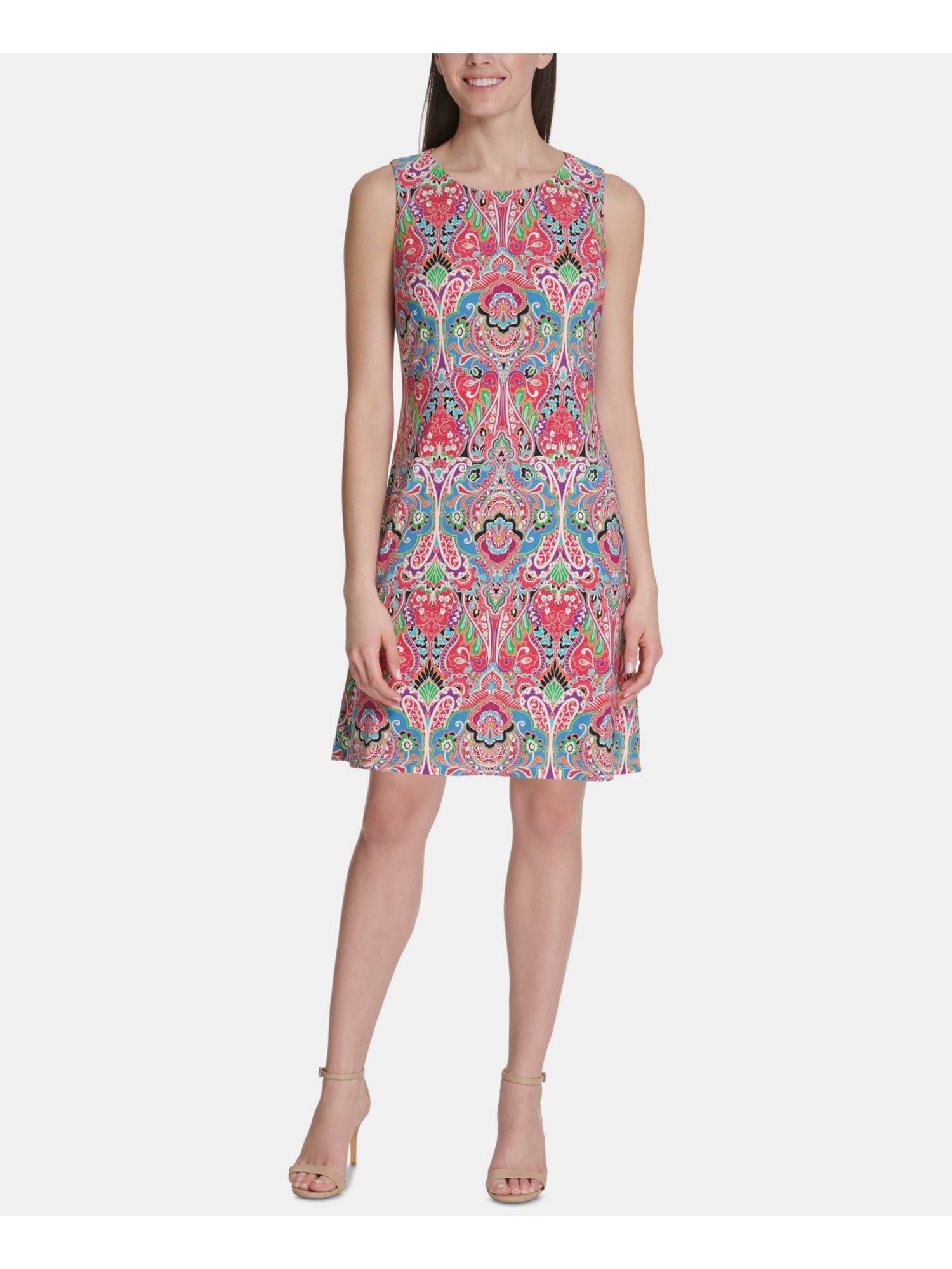 TOMMY HILFIGER Womens Pink Paisley Jewel Neck Below The Knee Shift