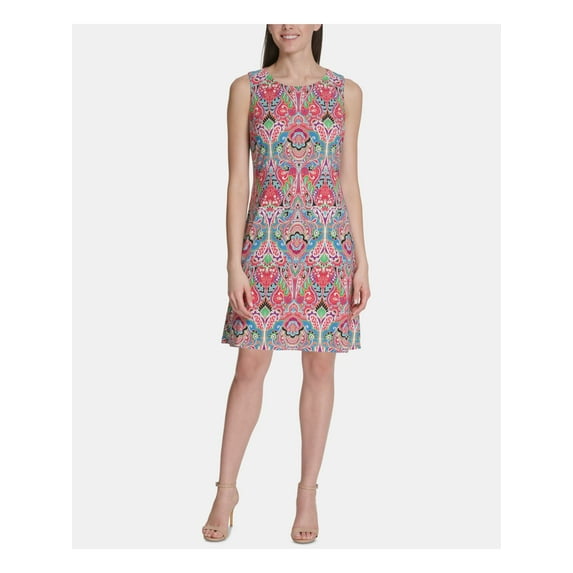 TOMMY HILFIGER Womens Pink Paisley Jewel Neck Below The Knee Shift Dress 4
