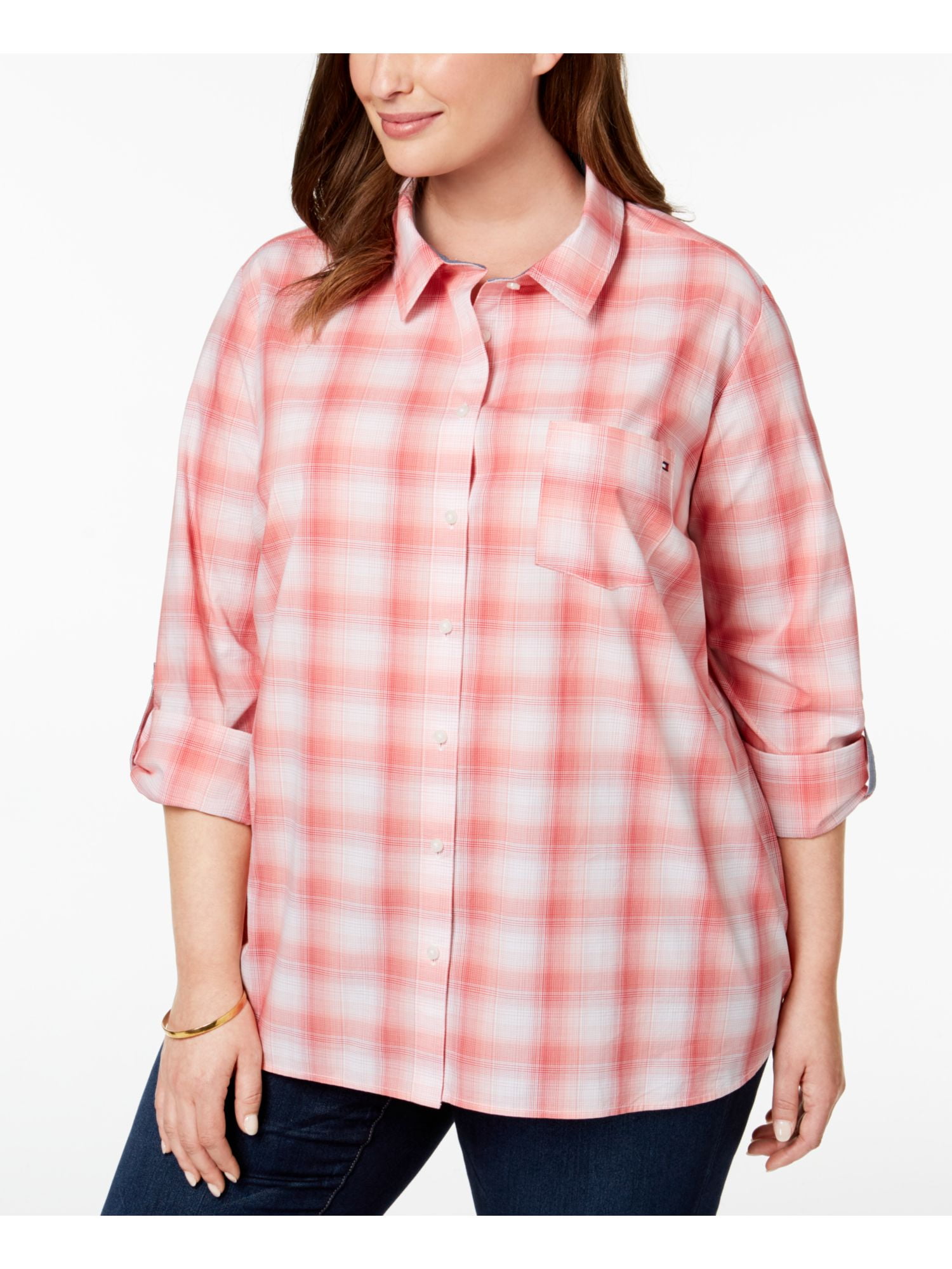 Button Plaid Up 1X Cuffed Size: Womens Collared Plus TOMMY Top HILFIGER Pink