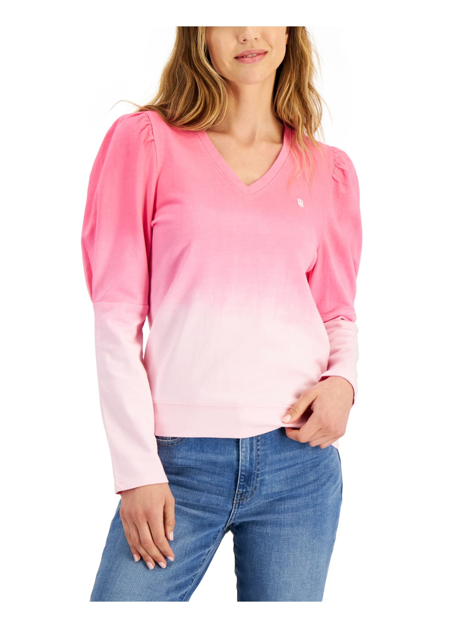 Top Sleeve Womens Long Ribbed Gathered TOMMY V Pink HILFIGER S Ombre Neck
