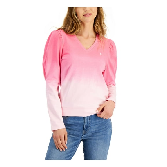 TOMMY HILFIGER Womens Pink Ribbed Gathered Ombre Long Sleeve V Neck Top S