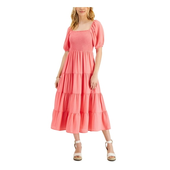 TOMMY HILFIGER Womens Pink Smocked Sheer Tiered Pullover Pouf Sleeve Square Neck Midi Fit + Flare Dress XL