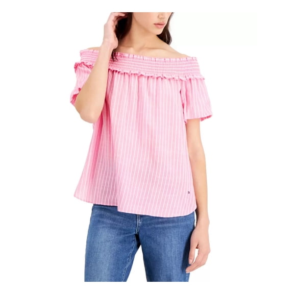 TOMMY HILFIGER Womens Pink Smocked Slitted Striped Short Sleeve Off Shoulder Top XXL
