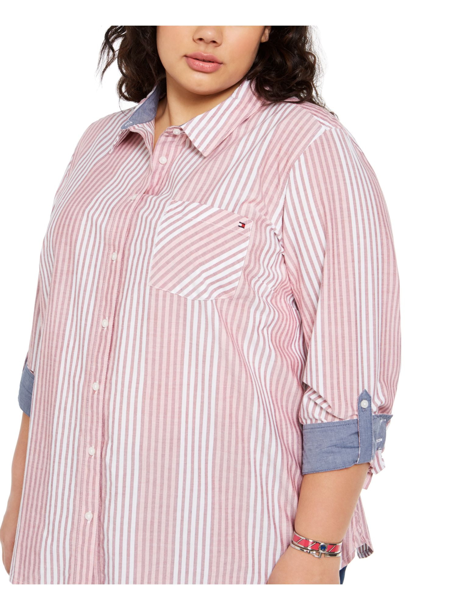 0X Top Button Pink Sleeve Womens Striped Plus Collared Up TOMMY HILFIGER 3/4