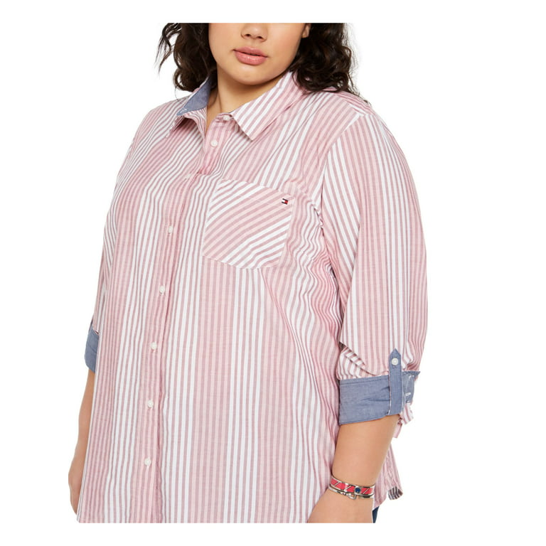 Sleeve Collared Up TOMMY Plus Striped Pink Top Womens 3/4 HILFIGER 0X Button