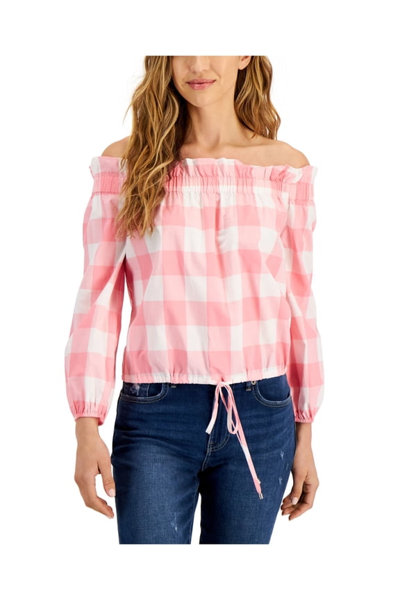Womens Pink Tie Elasticized Embroidered Logo Plaid 3/4 Sleeve Off Shoulder Top XL