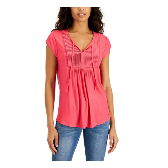 TOMMY HILFIGER Womens Pink Tie Gathered Pintucks Ladder Trim Cap Sleeve Split Top XS