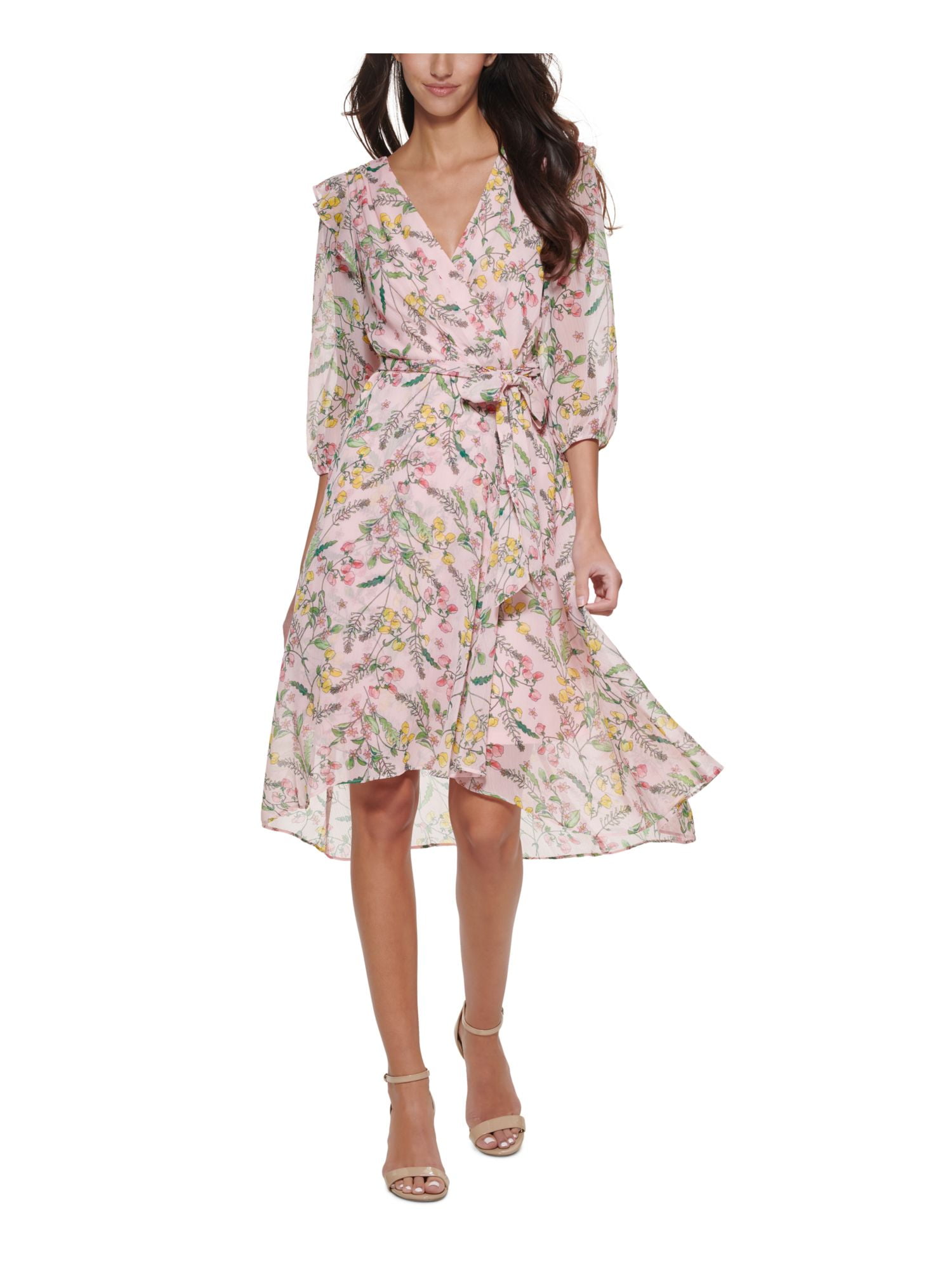 TOMMY HILFIGER Womens Pink Zippered Sheer Lined Tie Belt Hi-lo Hem Ruffled Floral Balloon Sleeve Surplice Neckline Below The Knee Faux Wrap Dress 6 TOMMY HILFIGER Womens Pink Zippered Sheer Lined Tie Belt Hi-lo Hem Ruffled Floral Balloon Sleeve Surplice Neckline Below The Knee Faux Wrap Dress 6