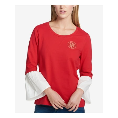 TOMMY HILFIGER Womens Red Beaded Printed Bell Sleeve Jewel Neck Top XL