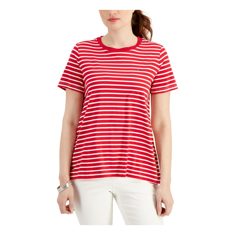 TOMMY HILFIGER Womens Red Eyelet Relaxed Fit Striped Short Sleeve Crew Neck  T-Shirt M