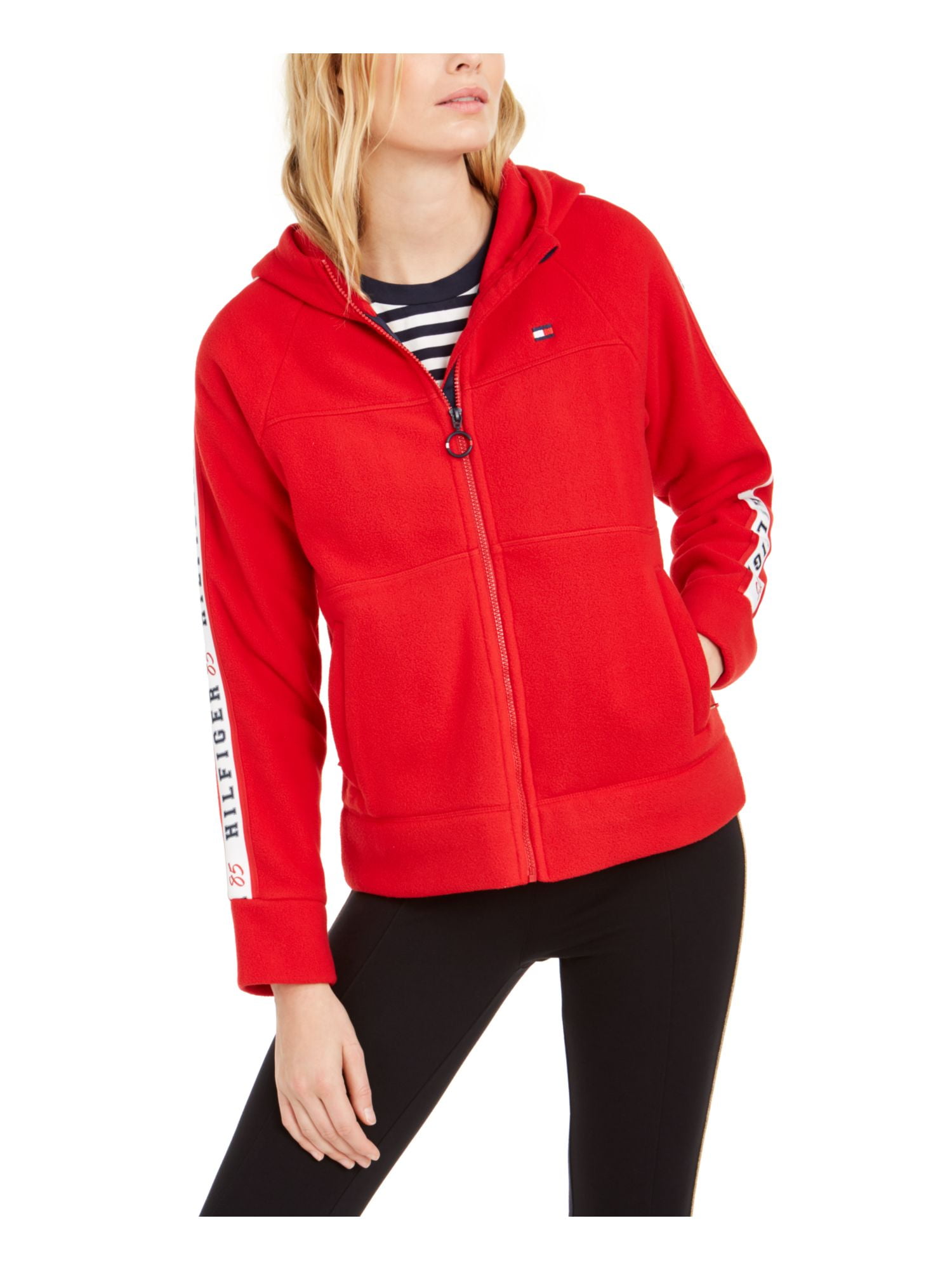 TOMMY HILFIGER Womens Red Logo Long Sleeve Hooded Sweater Size: S